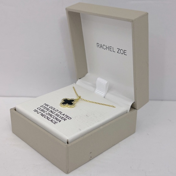 RACHEL ZOE,STERLING SILVER 18KT GOLD PLATED BLACK CLOVER NECKLACE,CUBIC ZIRCONIA - Picture 3 of 15